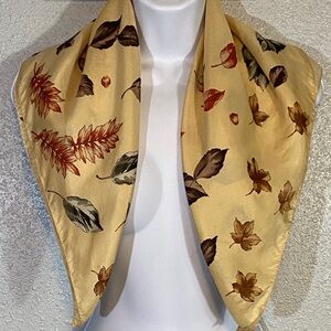VNTG Talbots Autumn Leaf Pattern Square Silk Scarf in Cream and Brown Green